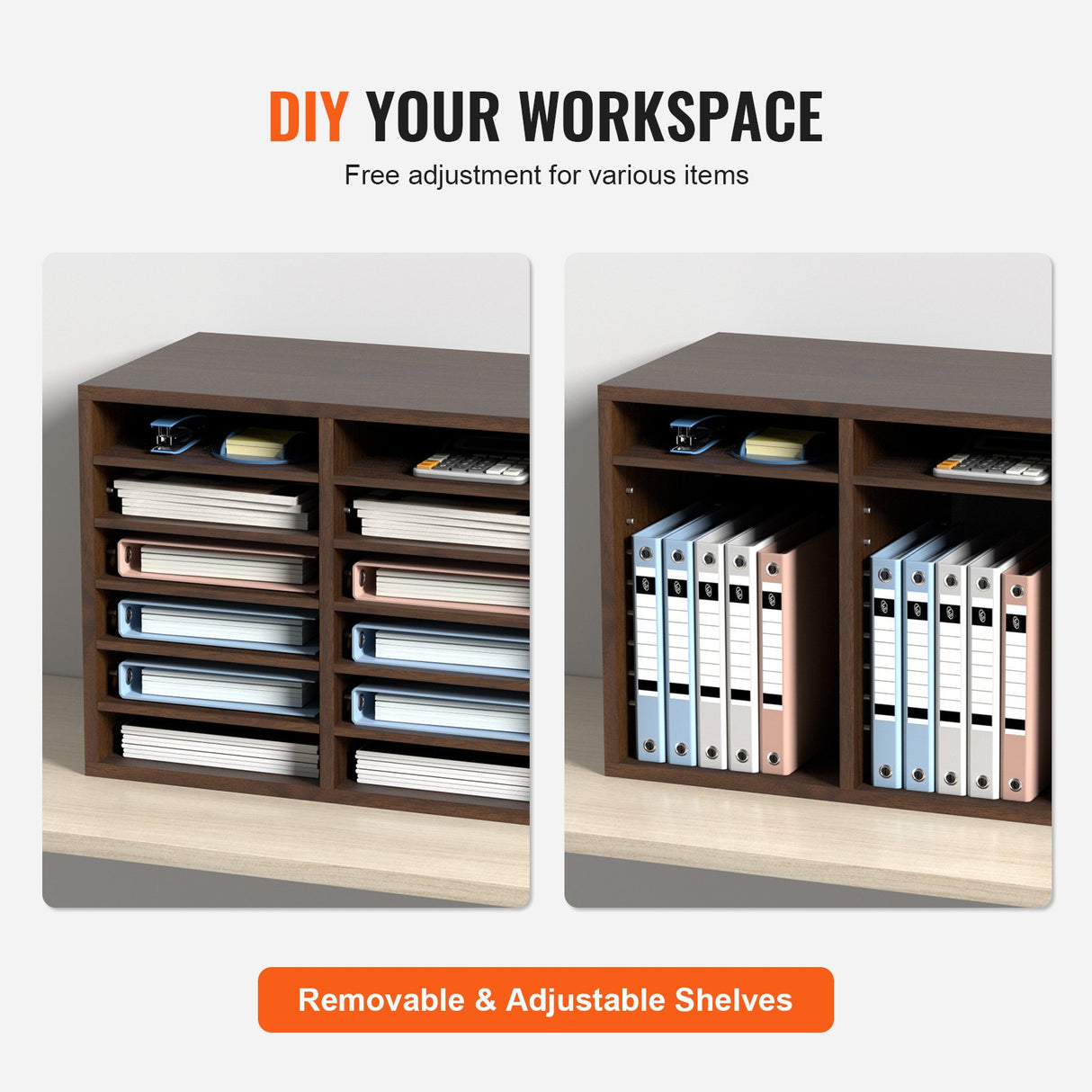 VEVOR Wood Literature Organizer Adjustable File Sorter 12 Compartments Brown