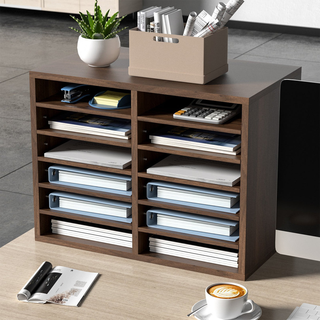VEVOR Wood Literature Organizer Adjustable File Sorter 12 Compartments Brown