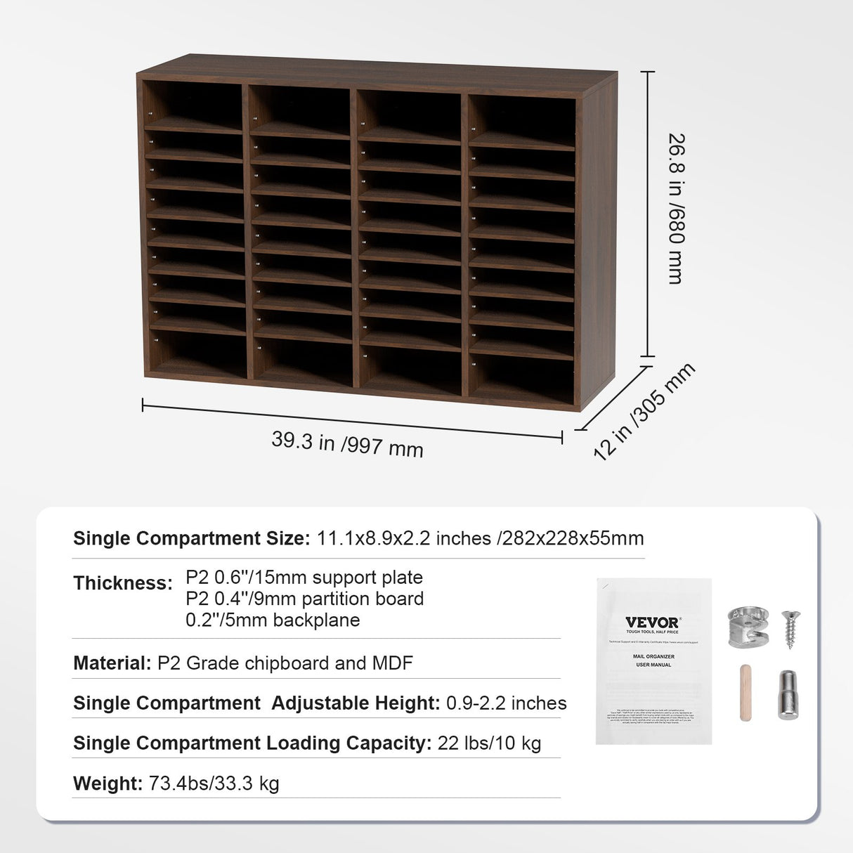 VEVOR Literature Organizers, 36 Compartments Office Mailbox with Adjustable Shelves, Wood Literature Sorter 997x305x680 mm for Office, Home, Classroom, Mailrooms Organization, EPA Certified Brown