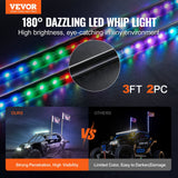 VEVOR 2 PCS 3 FT Whip Light, APP & RF Remote Control Led Whip Light, Waterproof RGB Chasing Lighted Whips with 4 Flags, for UTVs, ATVs, Motorcycles,