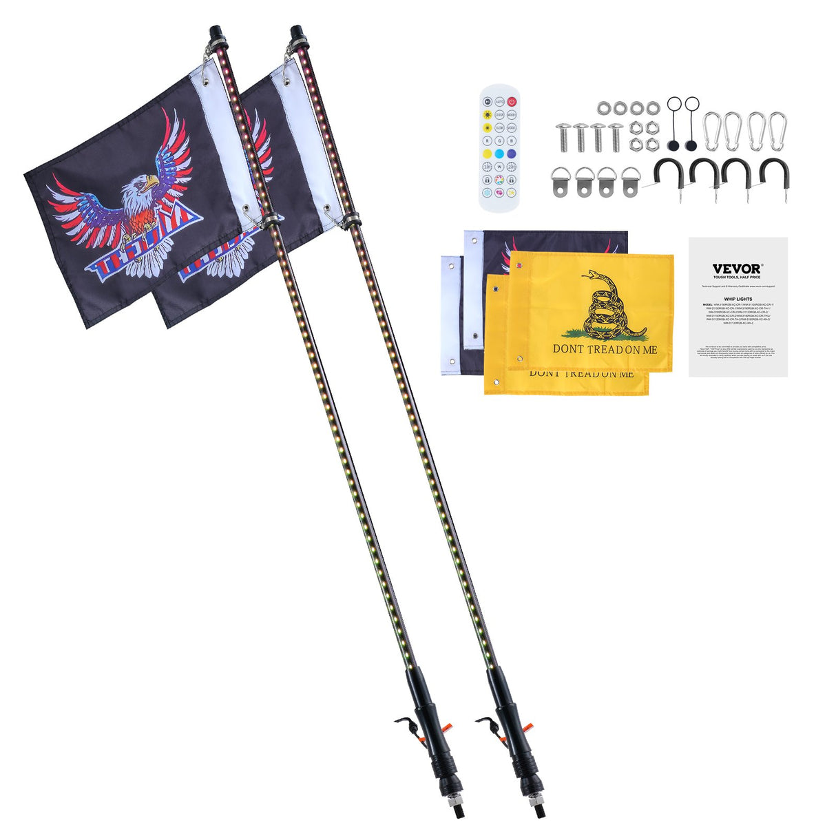 VEVOR 2 PCS 3 FT Whip Light, APP & RF Remote Control Led Whip Light, Waterproof RGB Chasing Lighted Whips with 4 Flags, for UTVs, ATVs, Motorcycles,