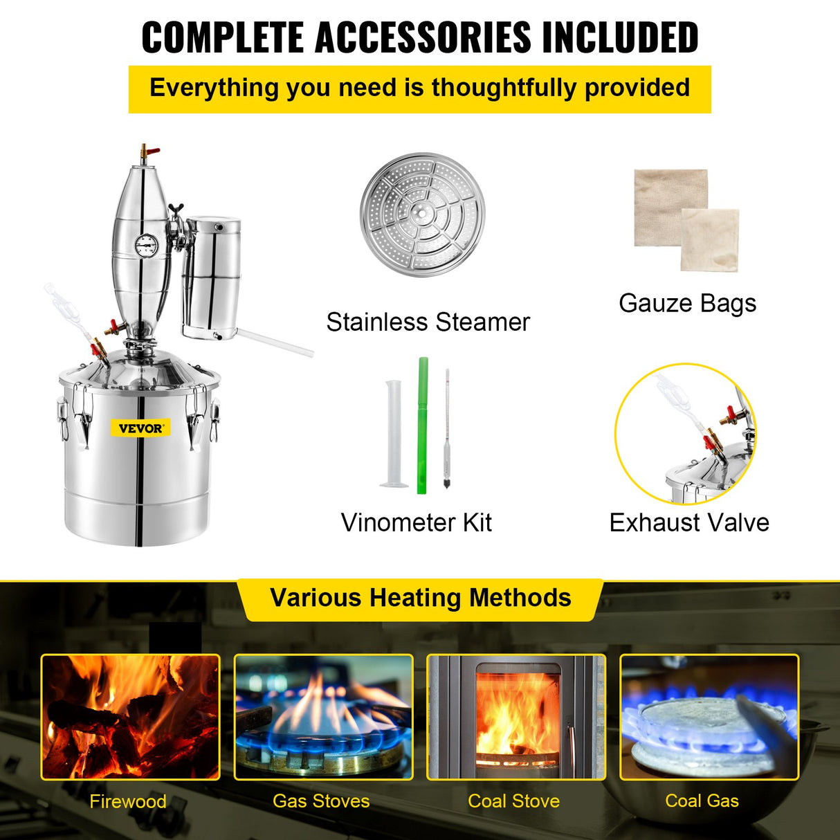 VEVOR Alcohol Distiller 70L Alcohol Still Whiskey Distillery Kit Home Moonshine Still with Thermometer and Fermentation Tank for Alcohol Distilling