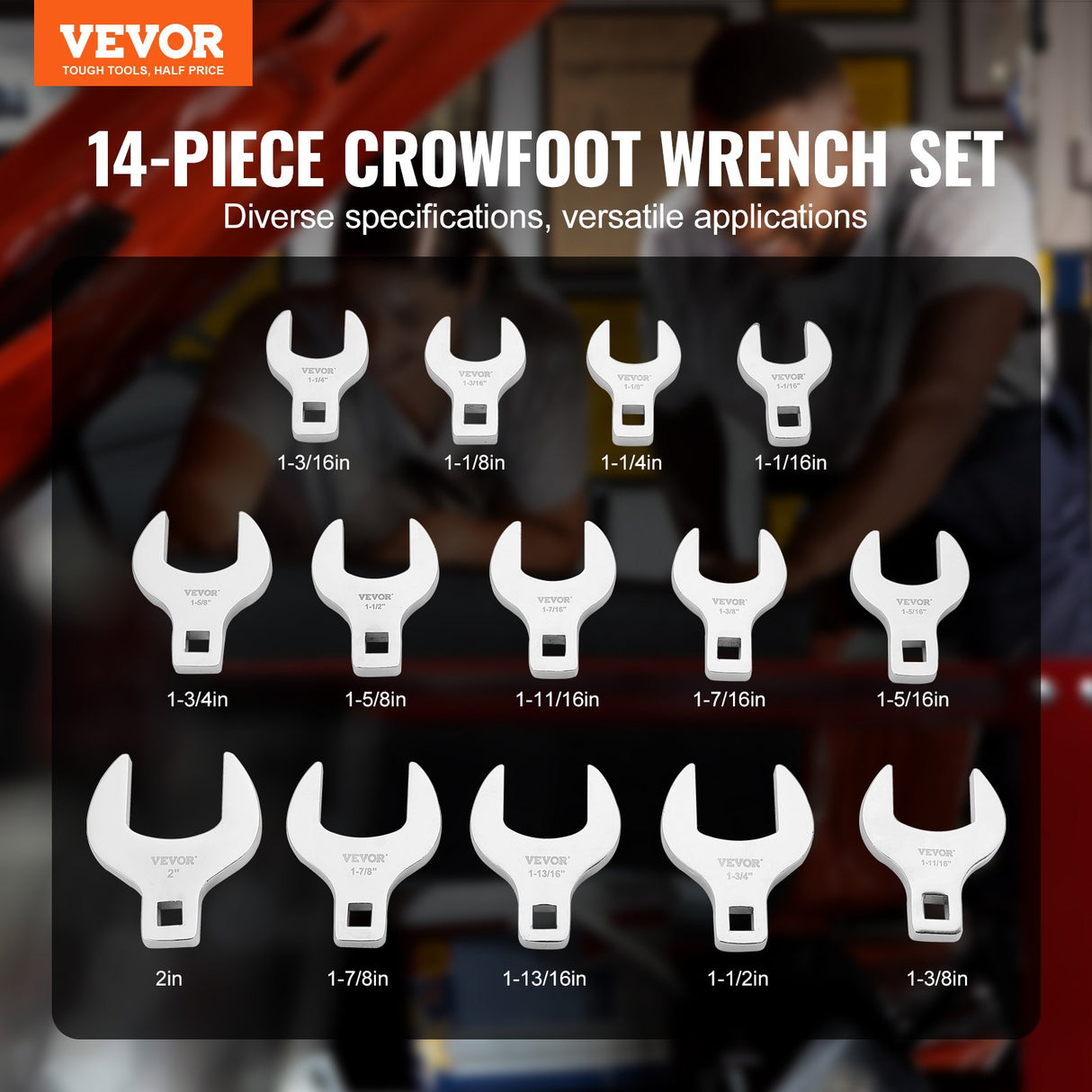 VEVOR Crowfoot Wrench Set, 1/2" Drive 14-Piece SAE (1-1/16" - 2") Crows Foot Wrench Set with Storage Tray, 40CR Material with Laser Etched Sizing, for
