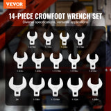 VEVOR Crowfoot Wrench Set, 1/2" Drive 14-Piece SAE (1-1/16" - 2") Crows Foot Wrench Set with Storage Tray, 40CR Material with Laser Etched Sizing, for