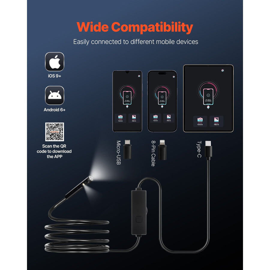 Endoscope Camera with Light, Dual Lens Borescope for Android & IOS, 1920P HD Inspection Camera with 8 + 1 LED Lights, 2X Zoom, 3m Snake Cable, IP67 Waterproof Snake Camera for Auto, Plumbing