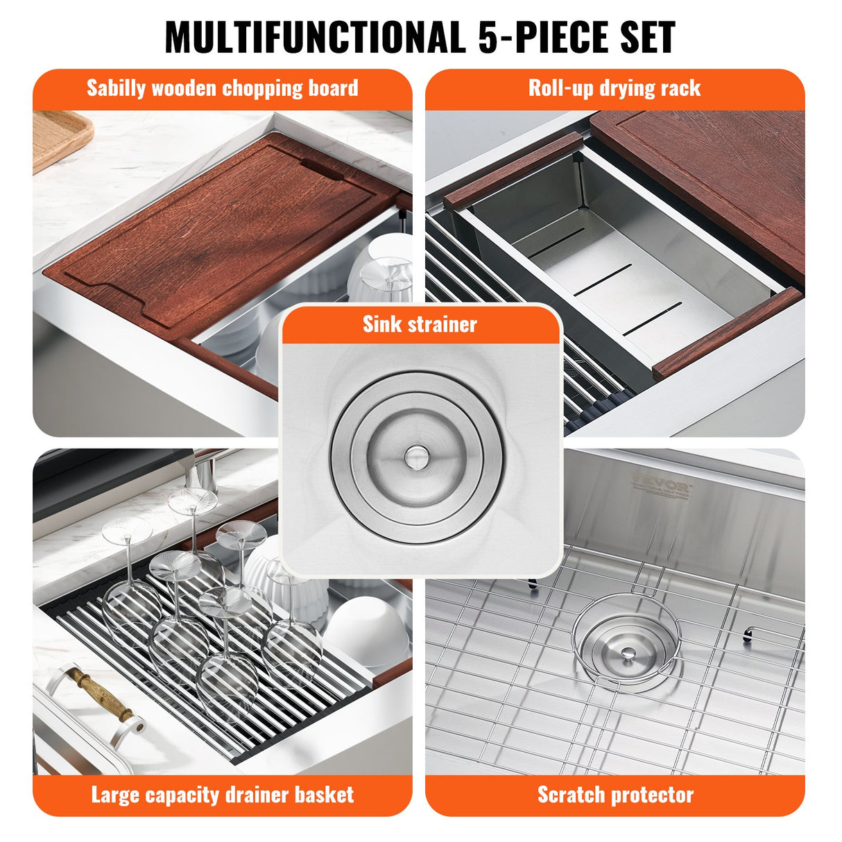 VEVOR Farmhouse Kitchen Sink, 304 Stainless Steel Drop-In Sinks, Top Mount Single Bowl Basin with Ledge & Accessories, Household Dishwasher Sinks for