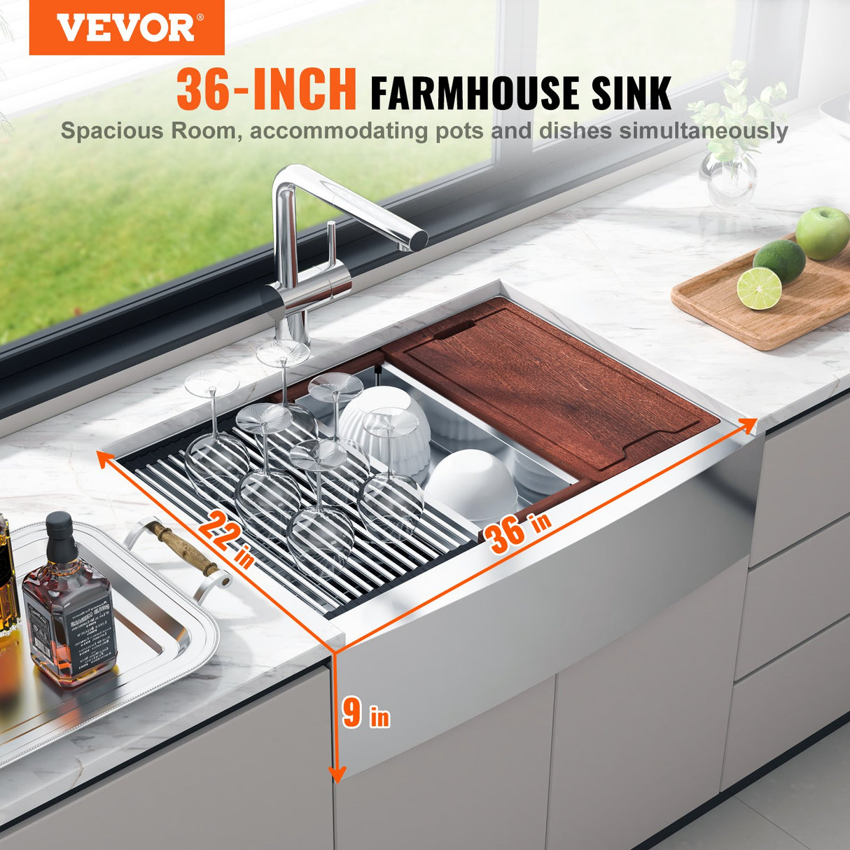 VEVOR Farmhouse Kitchen Sink, 304 Stainless Steel Drop-In Sinks, Top Mount Single Bowl Basin with Ledge & Accessories, Household Dishwasher Sinks for