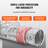 VEVOR Dryer Vent Hose, 152.4MM Insulated Flexible Duct 7.62M Long with 2 Duct Clamps, Heavy-Duty Three Layer Protection for HVAC Heating Cooling