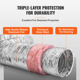 VEVOR Dryer Vent Hose, 152.4MM Insulated Flexible Duct 7.62M Long with 2 Duct Clamps, Heavy-Duty Three Layer Protection for HVAC Heating Cooling Ventilation and Exhaust, R-6.0 Flame Resistance Value - Side View