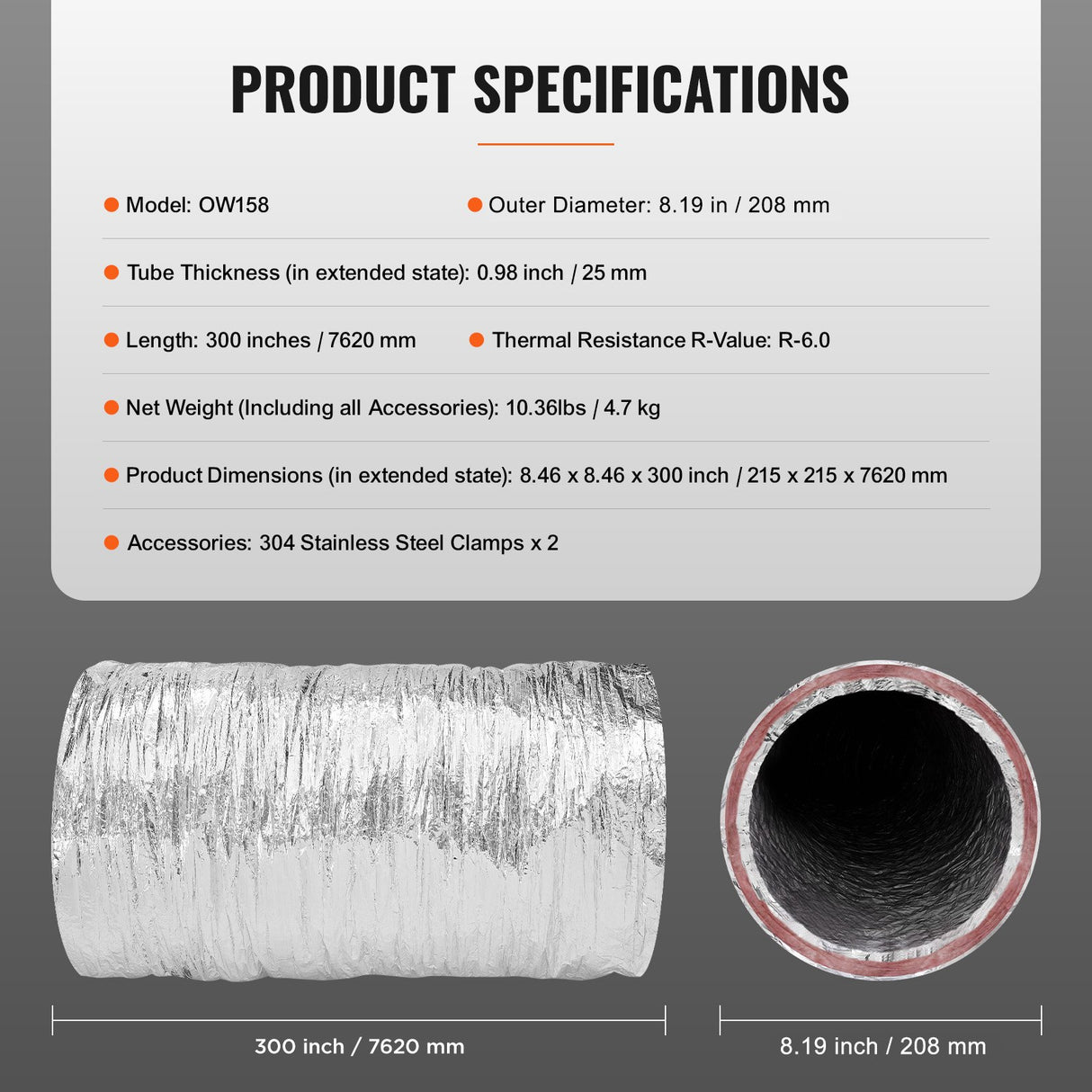VEVOR Dryer Vent Hose, 152.4MM Insulated Flexible Duct 7.62M Long with 2 Duct Clamps, Heavy-Duty Three Layer Protection for HVAC Heating Cooling