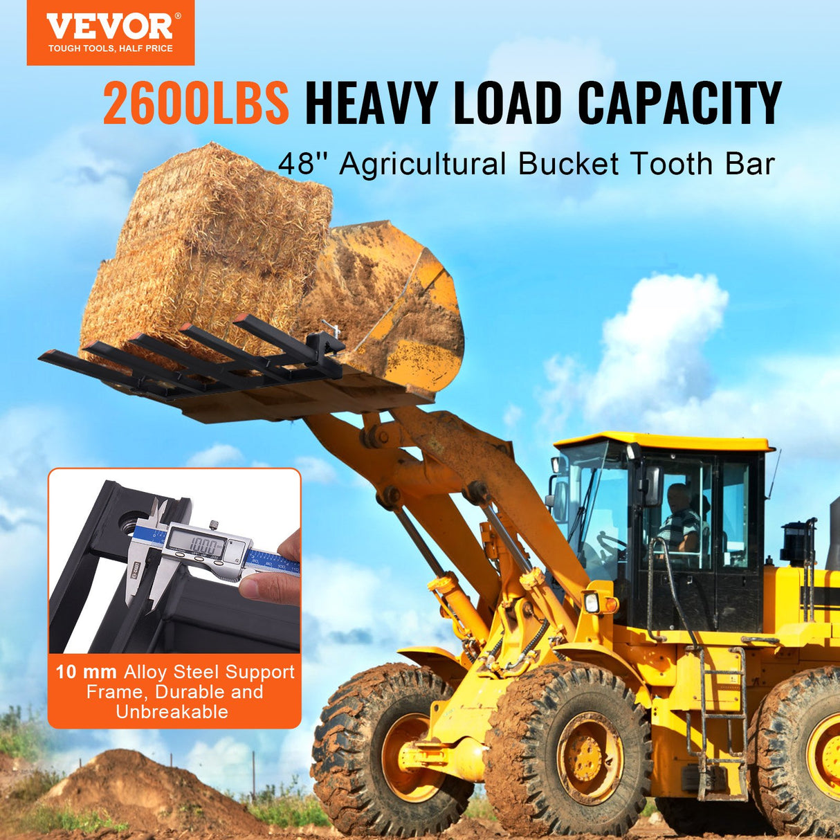VEVOR Clamp on Debris Forks to 1200 mm Bucket, 1200 kg Capacity Heavy Duty Clamp on Pallet Forks Attachments, Fit for Loader Bucket Skidsteer Tractor