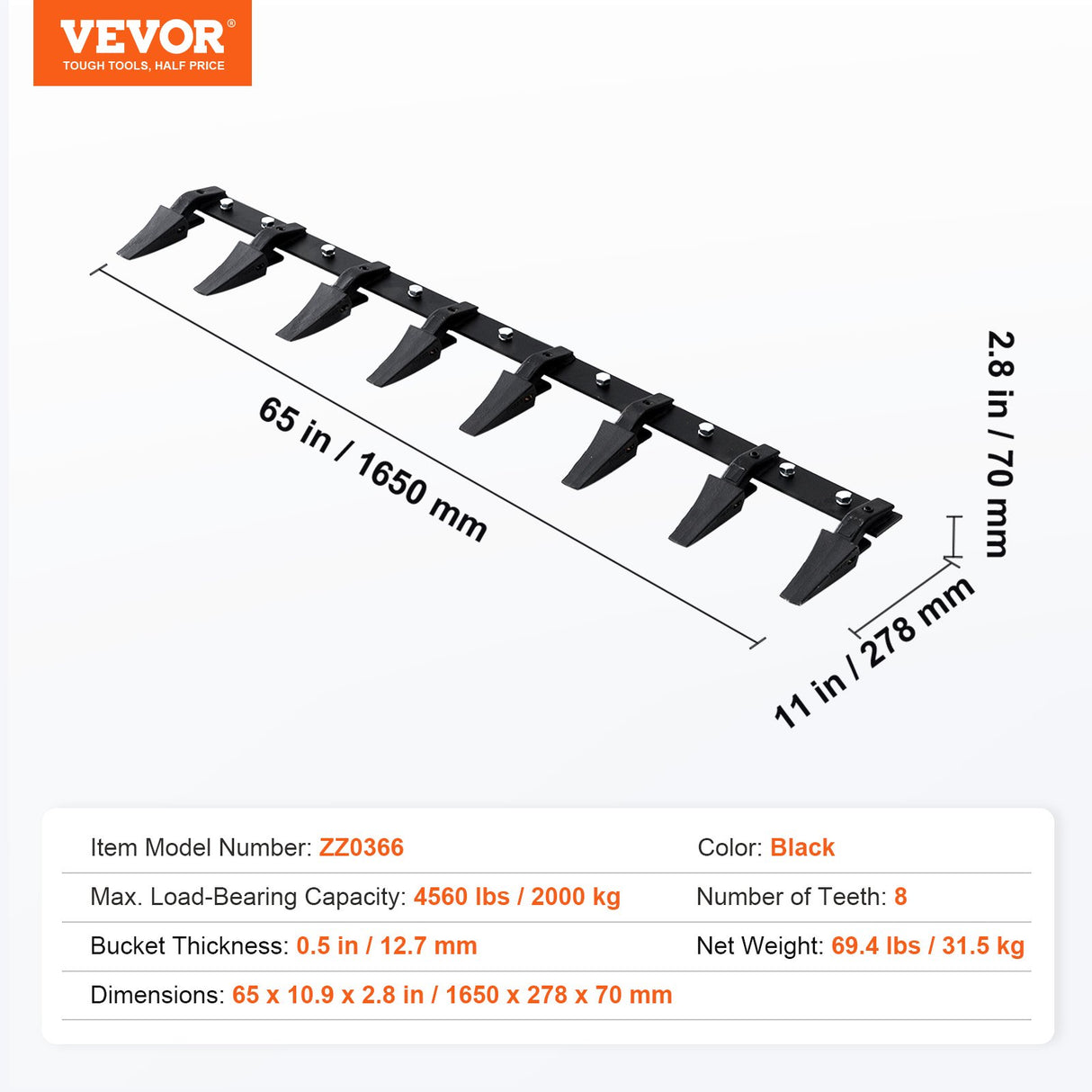 VEVOR Bucket Tooth Bar, 1650mm, Heavy Duty Tractor Bucket 8 Teeth Bar for Loader Tractor Skidsteer, 2000 kg Load-Bearing Capacity Bolt On Design, for