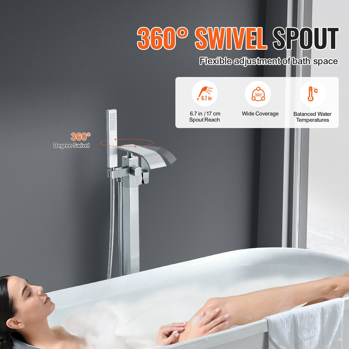 VEVOR Freestanding Bathtub Faucet, Floor Mount, Freestanding Tub Filler, Shower Mixer Taps, Two Water Modes, Swivel Spout, for Bathing & Showering Pet