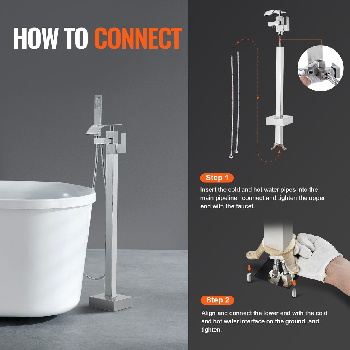 VEVOR Freestanding Bathtub Faucet, Floor Mount, Freestanding Tub Filler, Shower Mixer Taps, Two Water Modes, Swivel Spout, for Bathing & Showering Pet