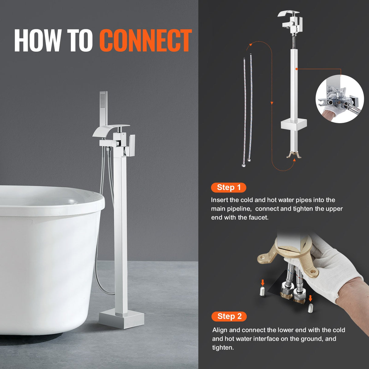 VEVOR Freestanding Bathtub Faucet, Floor Mount, Freestanding Tub Filler, Shower Mixer Taps, Two Water Modes, 360? Swivel Spout, for Bathing &