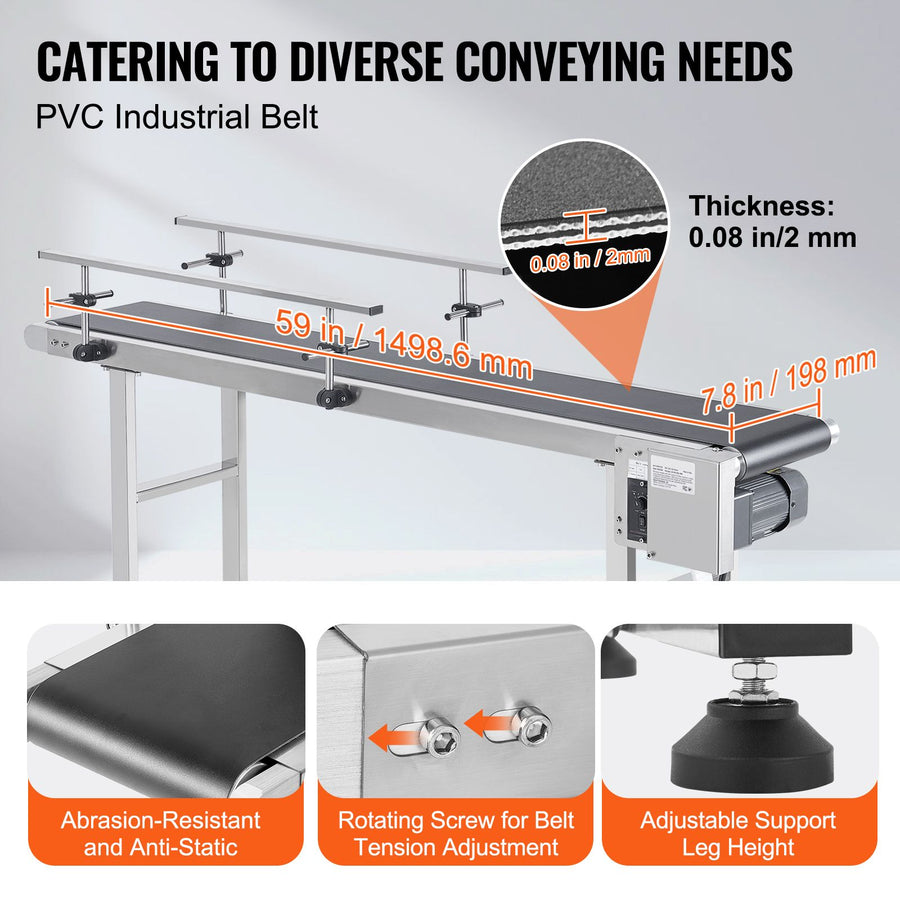 Belt Conveyor, 1498.6 x 198.1 mm Conveyor Table Heavy Duty Stainless Steel Motorized Belt Conveyor for Inkjet Coding Applications Powered PVC Belt Anti-Static Adjustable Speed (Double Guardrail)