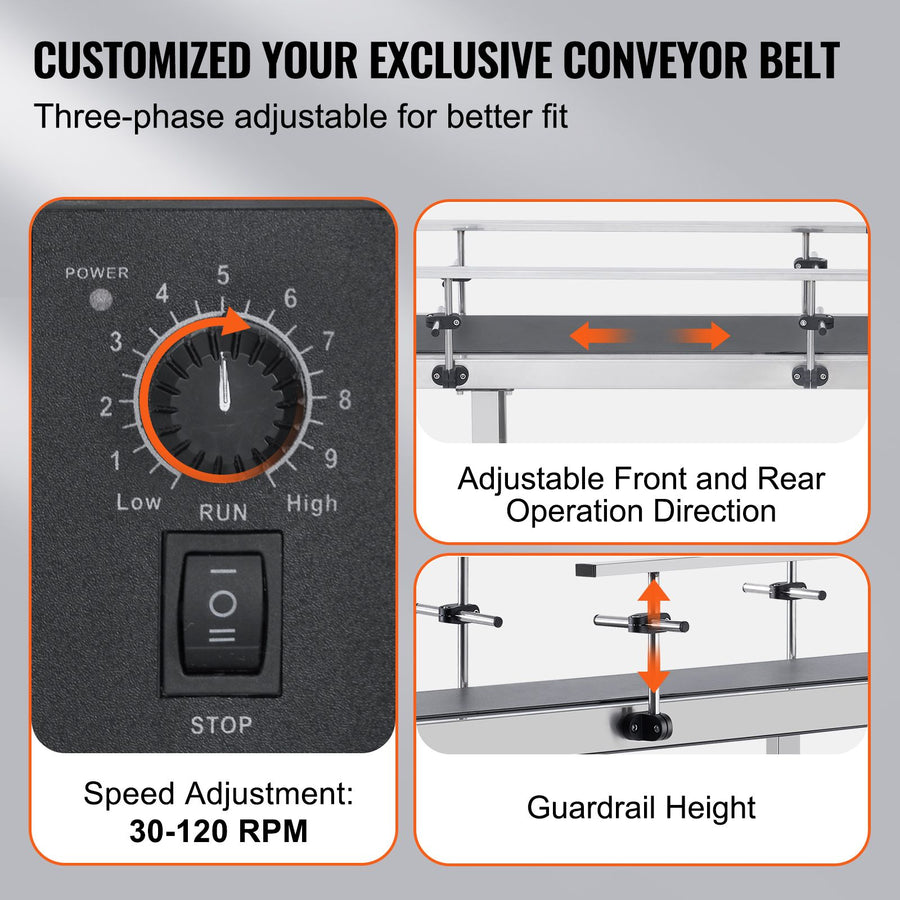 Belt Conveyor, 1498.6 x 198.1 mm Conveyor Table Heavy Duty Stainless Steel Motorized Belt Conveyor for Inkjet Coding Applications Powered PVC Belt Anti-Static Adjustable Speed (Double Guardrail)