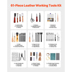 Leather Working Tools Kit, 61 PCS Leather Craft Tools with Portable Canvas Storage Bag, Engraving Punching Sewing Stamping Sanding Tools, Ideal for Beginners DIY Enthusiasts and Professionals