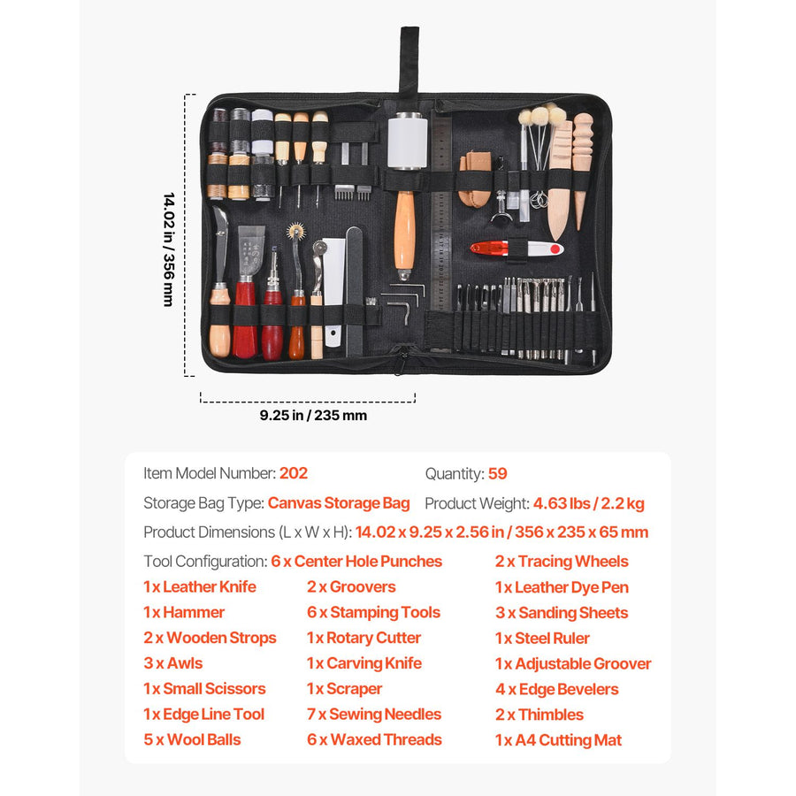 Leather Working Tools Kit, 59 PCS Leather Craft Tools with Portable Canvas Storage Bag, Engraving Punching Sewing Stamping Sanding Tools, Ideal for Beginners DIY Enthusiasts and Professionals