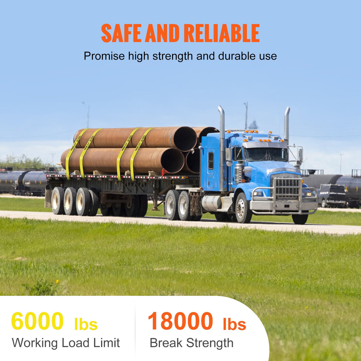 VEVOR Winch Straps, 10.2 cm x 9.1 m, 2.7T Load Capacity, 8.2T Break Strength, Truck Straps with Flat Hook, Flatbed Tie Downs Cargo Control for