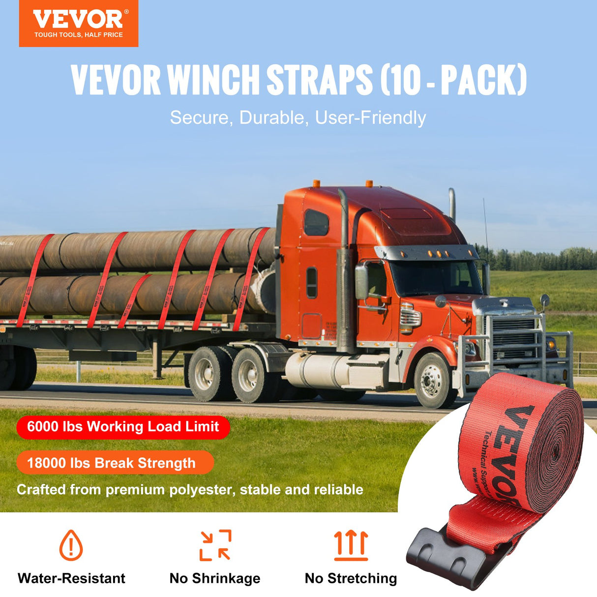 VEVOR Winch Straps, 10.2 cm x 9.1 m, 2.7T Load Capacity, 8.2T Breaking Strength, Truck Straps with Flat Hook, Flatbed Tie Downs Cargo Control for