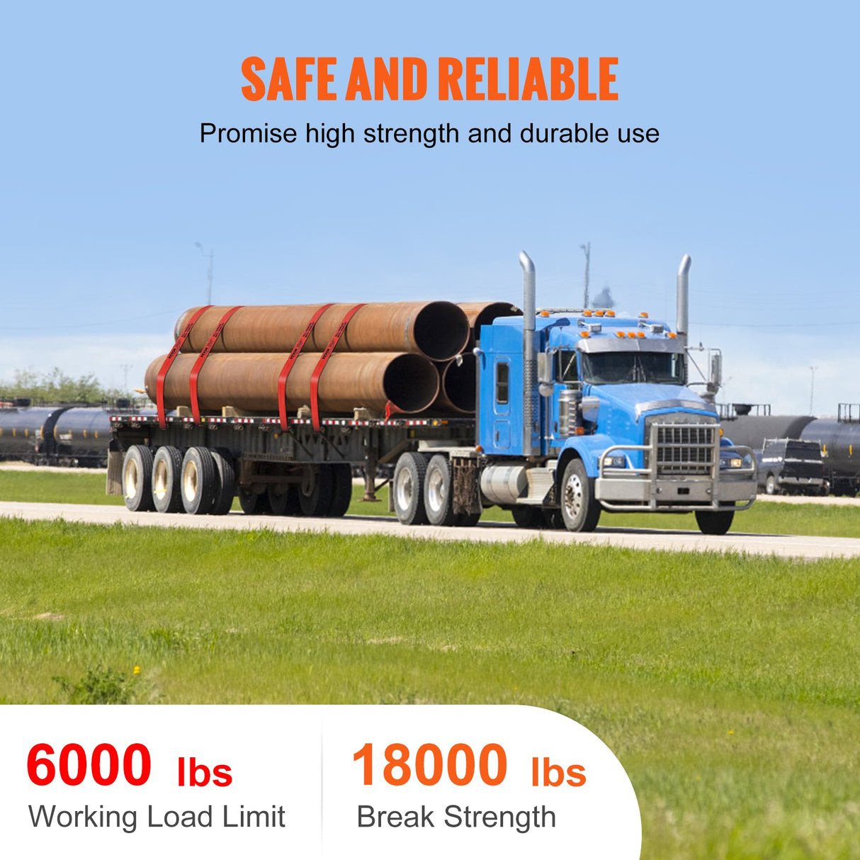 VEVOR Winch Straps, 10.2 cm x 9.1 m, 2.7T Load Capacity, 8.2T Breaking Strength, Truck Straps with Flat Hook, Flatbed Tie Downs Cargo Control for