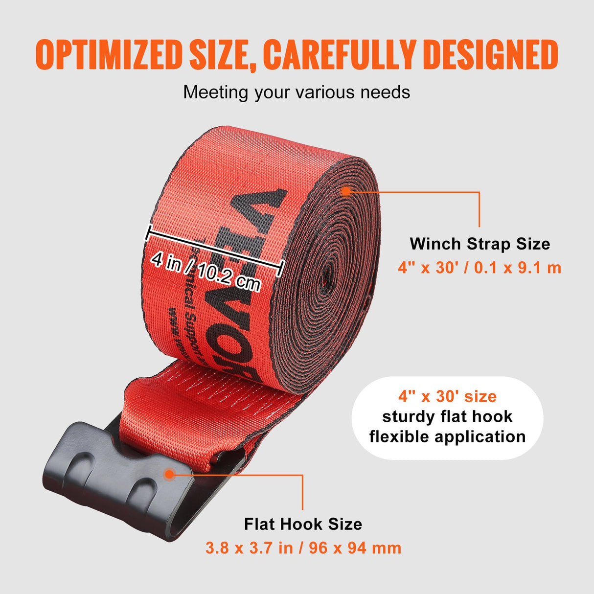 VEVOR Winch Straps, 10.2 cm x 9.1 m, 2.7T Load Capacity, 8.2T Breaking Strength, Truck Straps with Flat Hook, Flatbed Tie Downs Cargo Control for