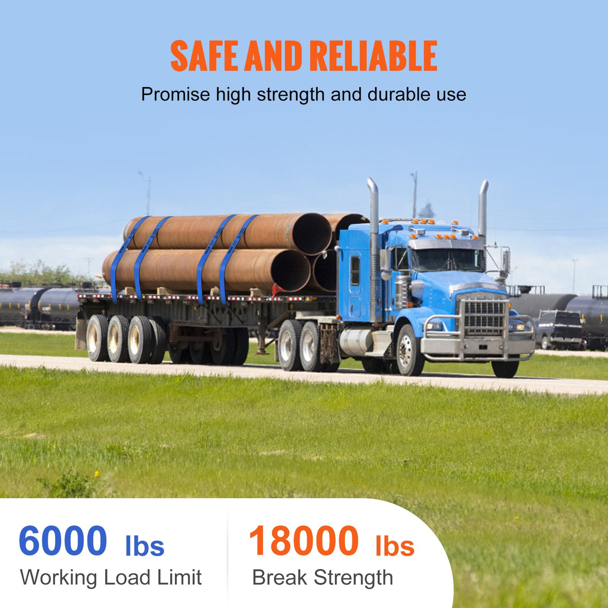 VEVOR Winch Straps, 10.2 cm x 9.1 m, 2.7T Load Capacity, 8.2T Breaking Strength, Truck Straps with Flat Hook, Flatbed Tie Downs Cargo Control for