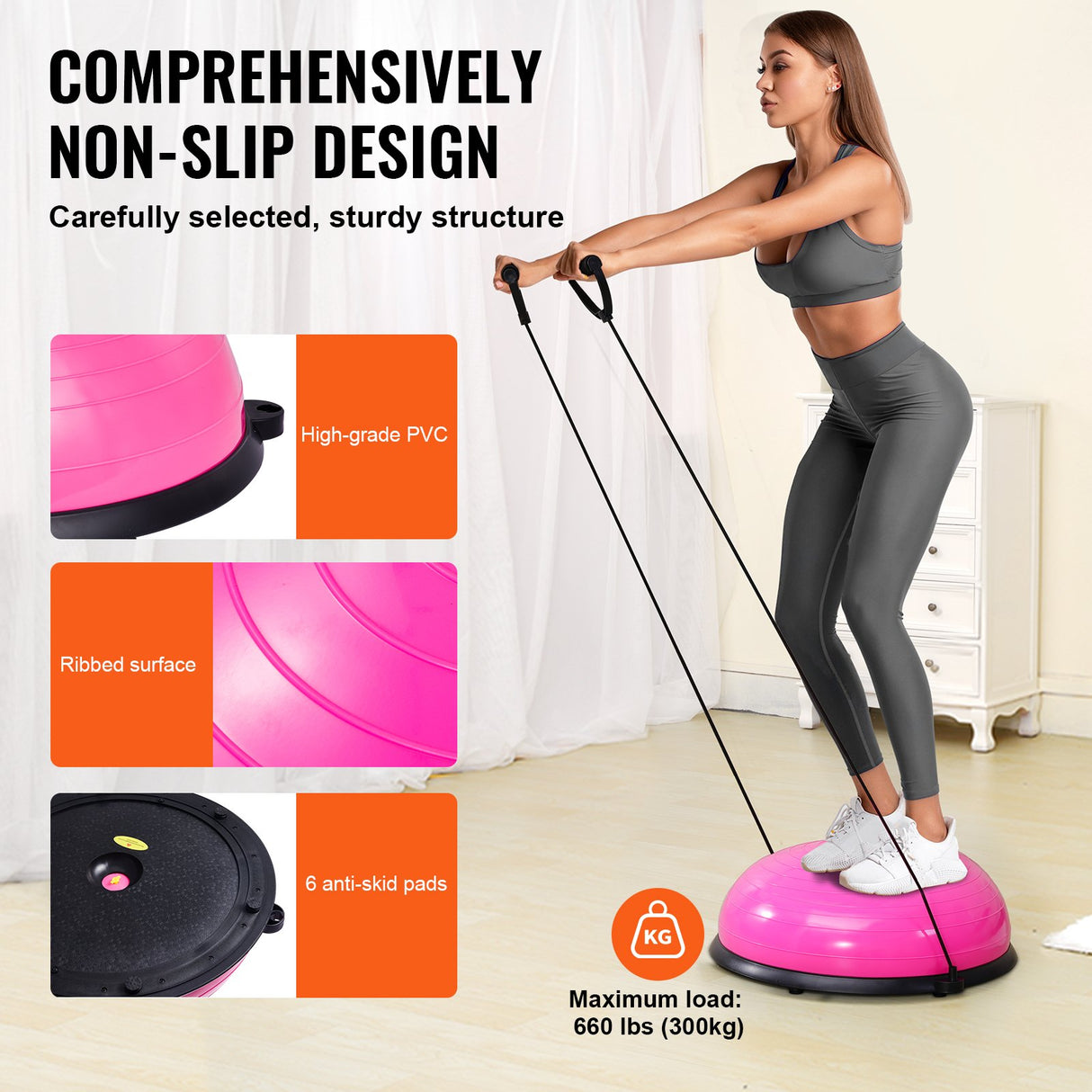 VEVOR Half Exercise Ball Trainer, 23 inch Balance Ball Trainer, 660lbs Capacity Stability Ball, Yoga Ball with Resistance Bands & Foot Pump, Strength