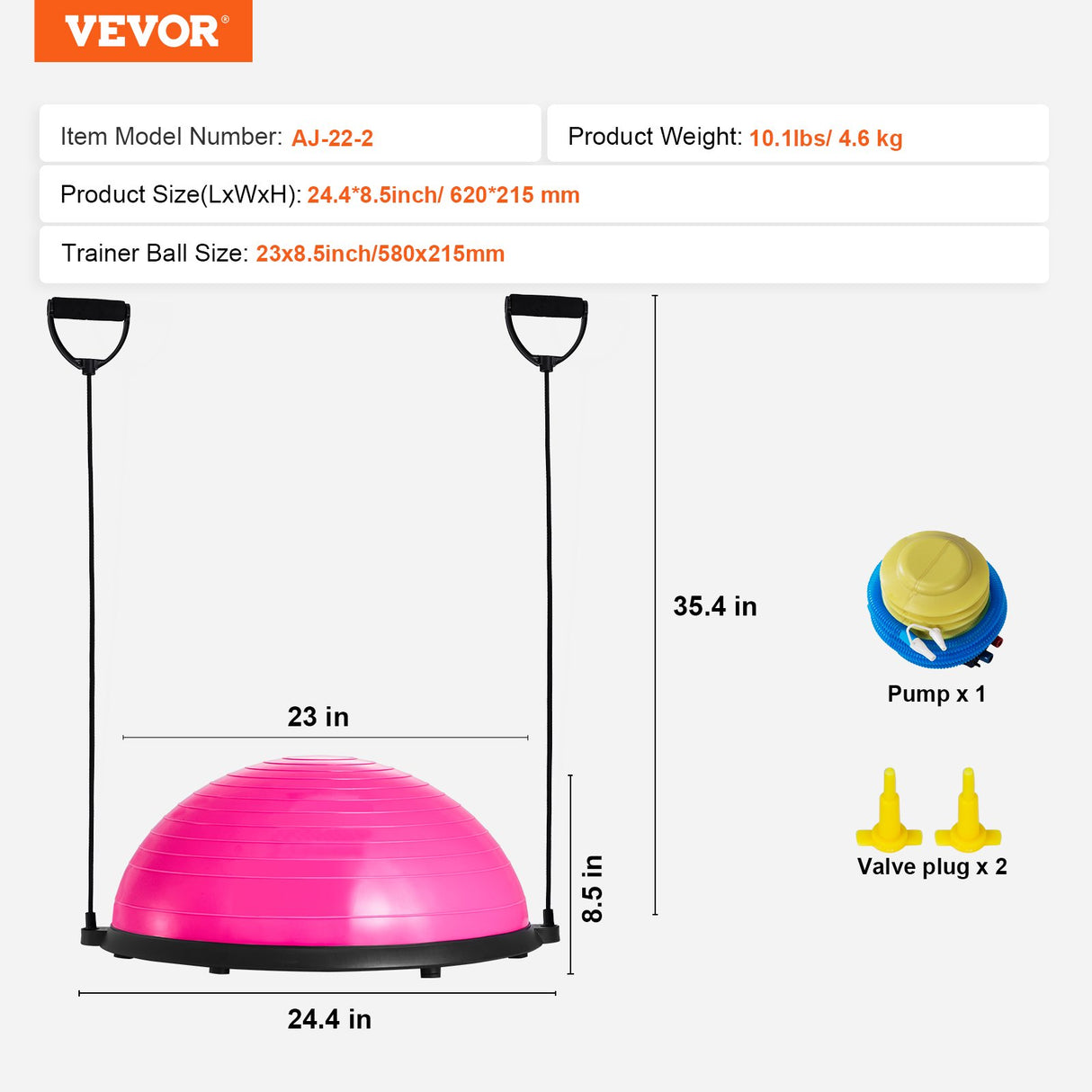 VEVOR Half Exercise Ball Trainer, 23 inch Balance Ball Trainer, 660lbs Capacity Stability Ball, Yoga Ball with Resistance Bands & Foot Pump, Strength