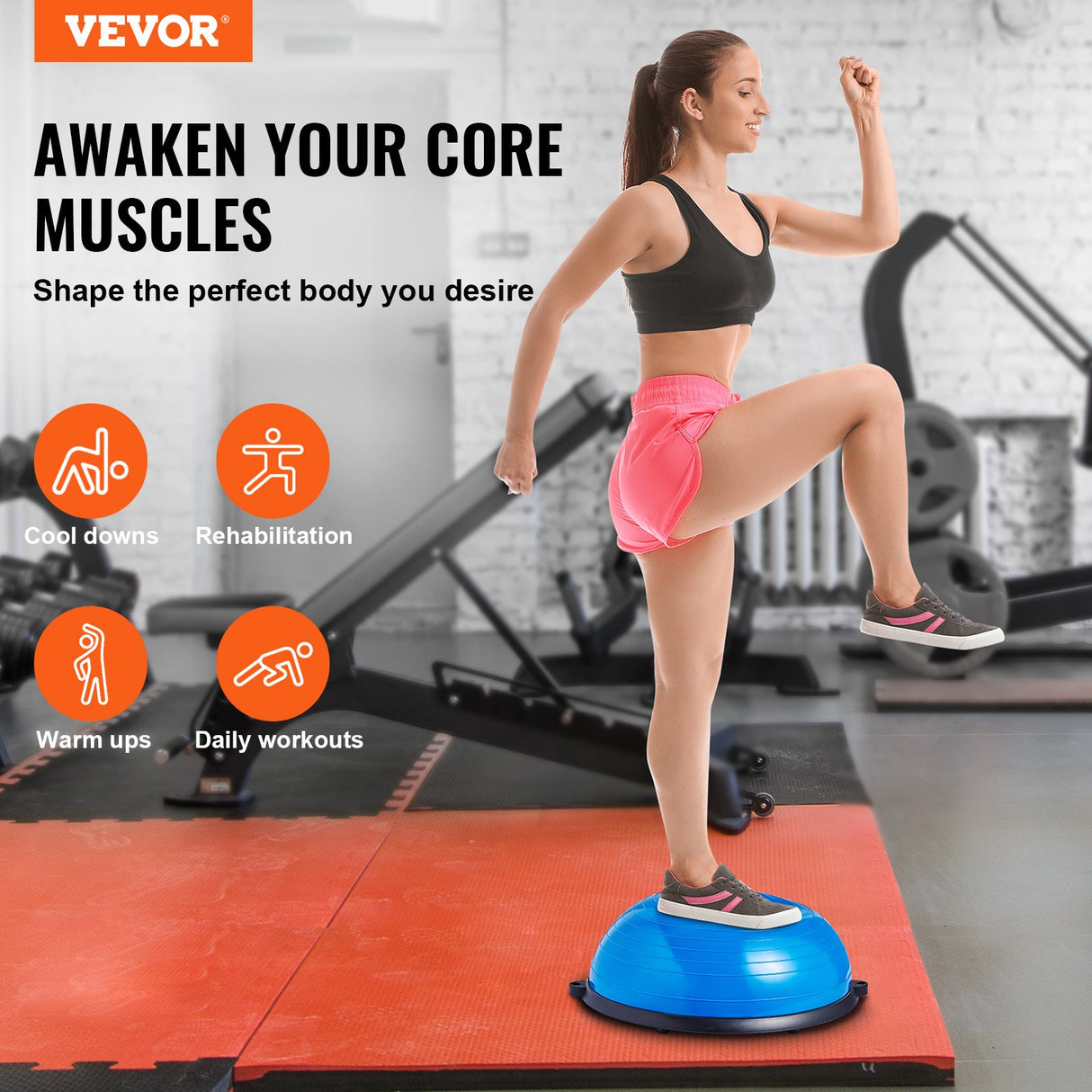 VEVOR Half Exercise Ball Trainer, 23 inch Balance Ball Trainer, 660lbs Capacity Stability Ball, Yoga Ball with Resistance Bands & Foot Pump, Strength