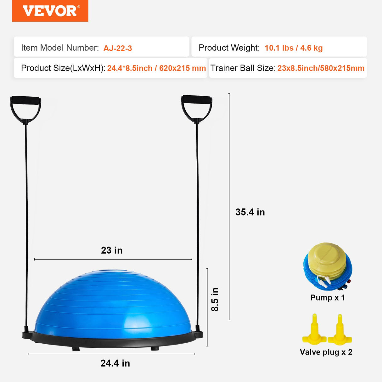 VEVOR Half Exercise Ball Trainer, 23 inch Balance Ball Trainer, 660lbs Capacity Stability Ball, Yoga Ball with Resistance Bands & Foot Pump, Strength
