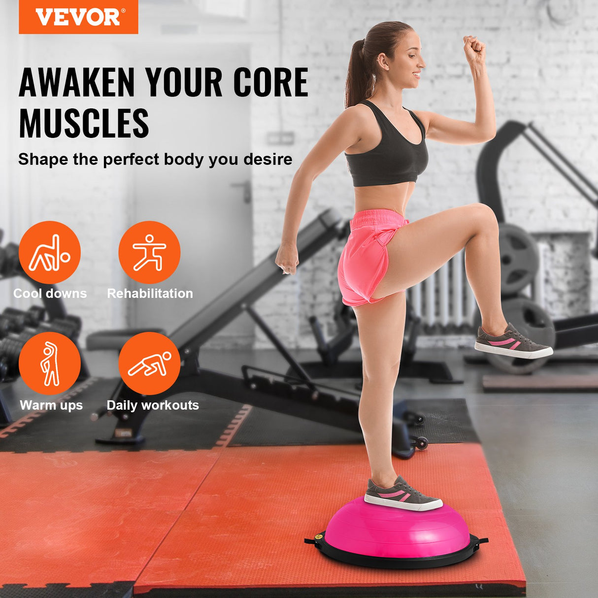 VEVOR Half Exercise Ball Trainer, 26 inch Balance Ball Trainer, 1500lbs Capacity Stability Ball, Yoga Ball with Resistance Bands & Foot Pump, Strength