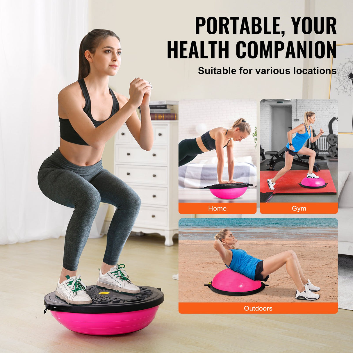 VEVOR Half Exercise Ball Trainer, 26 inch Balance Ball Trainer, 1500lbs Capacity Stability Ball, Yoga Ball with Resistance Bands & Foot Pump, Strength