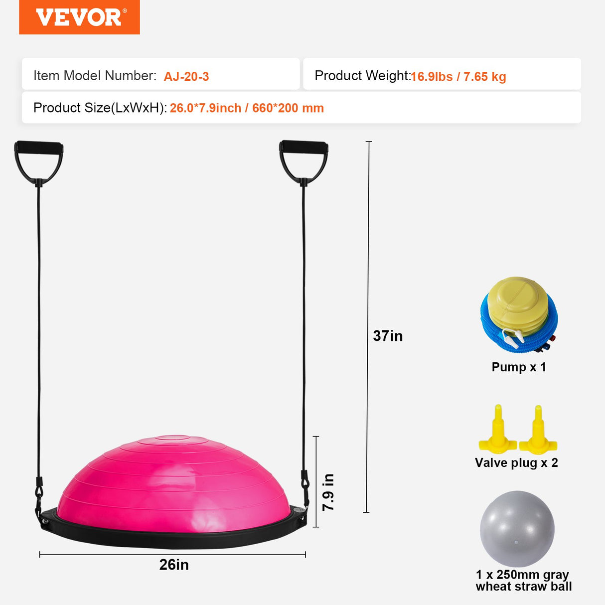 VEVOR Half Exercise Ball Trainer, 26 inch Balance Ball Trainer, 1500lbs Capacity Stability Ball, Yoga Ball with Resistance Bands & Foot Pump, Strength