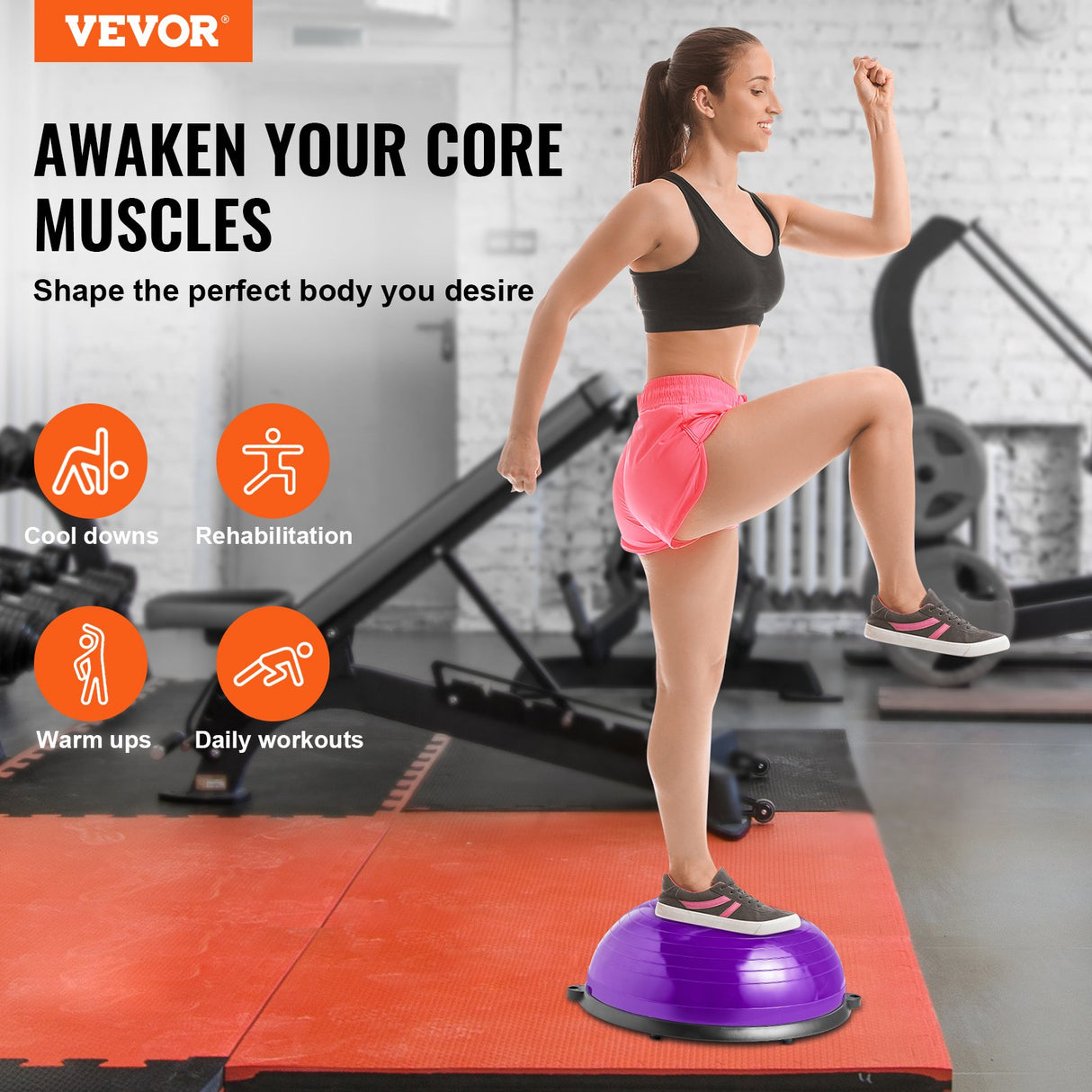 VEVOR Half Exercise Ball Trainer, 23 inch Balance Ball Trainer, 660lbs Stability Ball, Yoga Ball with Resistance Bands & Foot Pump, Strength Fitness