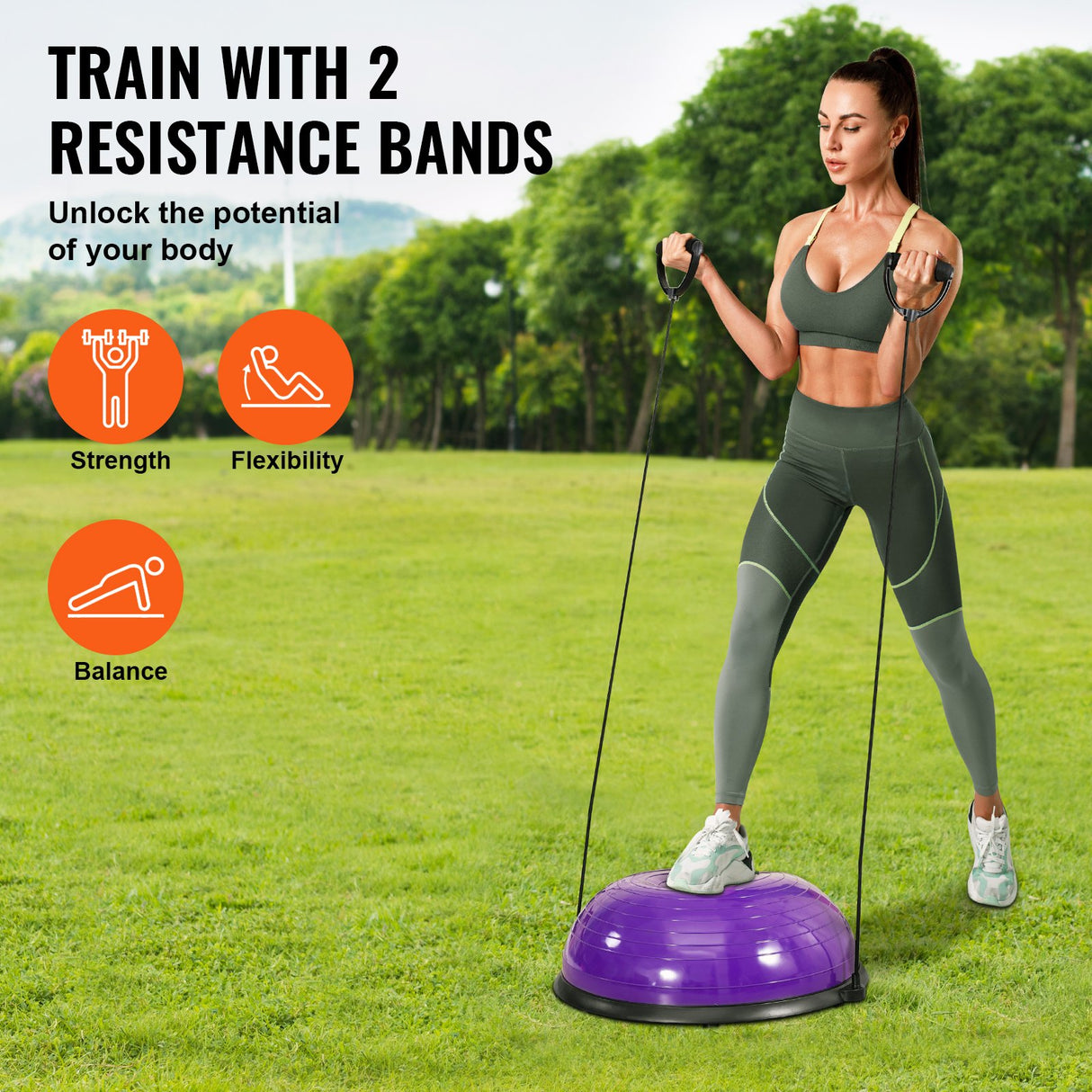 VEVOR Half Exercise Ball Trainer, 23 inch Balance Ball Trainer, 660lbs Stability Ball, Yoga Ball with Resistance Bands & Foot Pump, Strength Fitness
