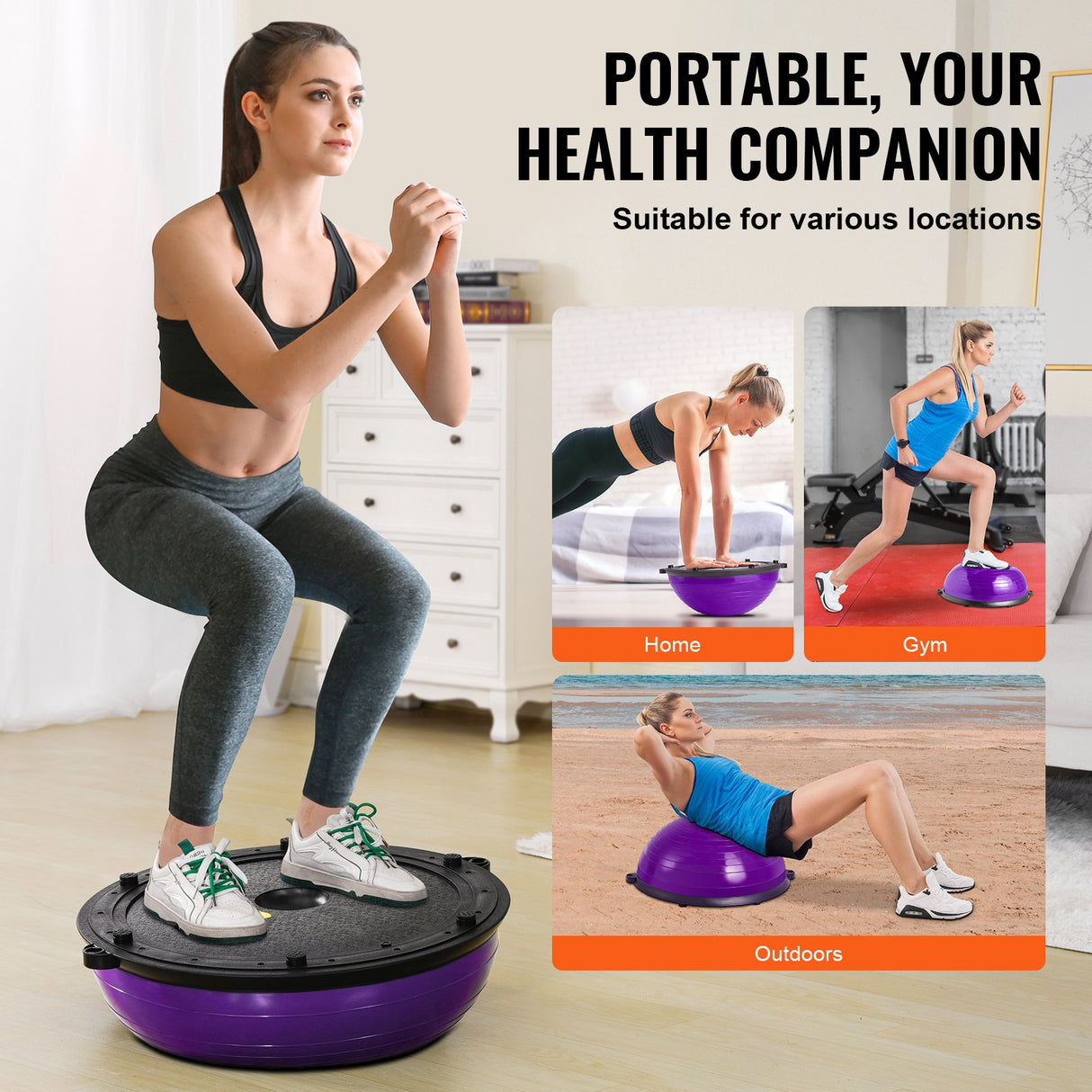 VEVOR Half Exercise Ball Trainer, 23 inch Balance Ball Trainer, 660lbs Stability Ball, Yoga Ball with Resistance Bands & Foot Pump, Strength Fitness