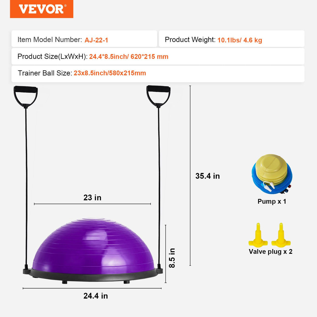 VEVOR Half Exercise Ball Trainer, 23 inch Balance Ball Trainer, 660lbs Stability Ball, Yoga Ball with Resistance Bands & Foot Pump, Strength Fitness