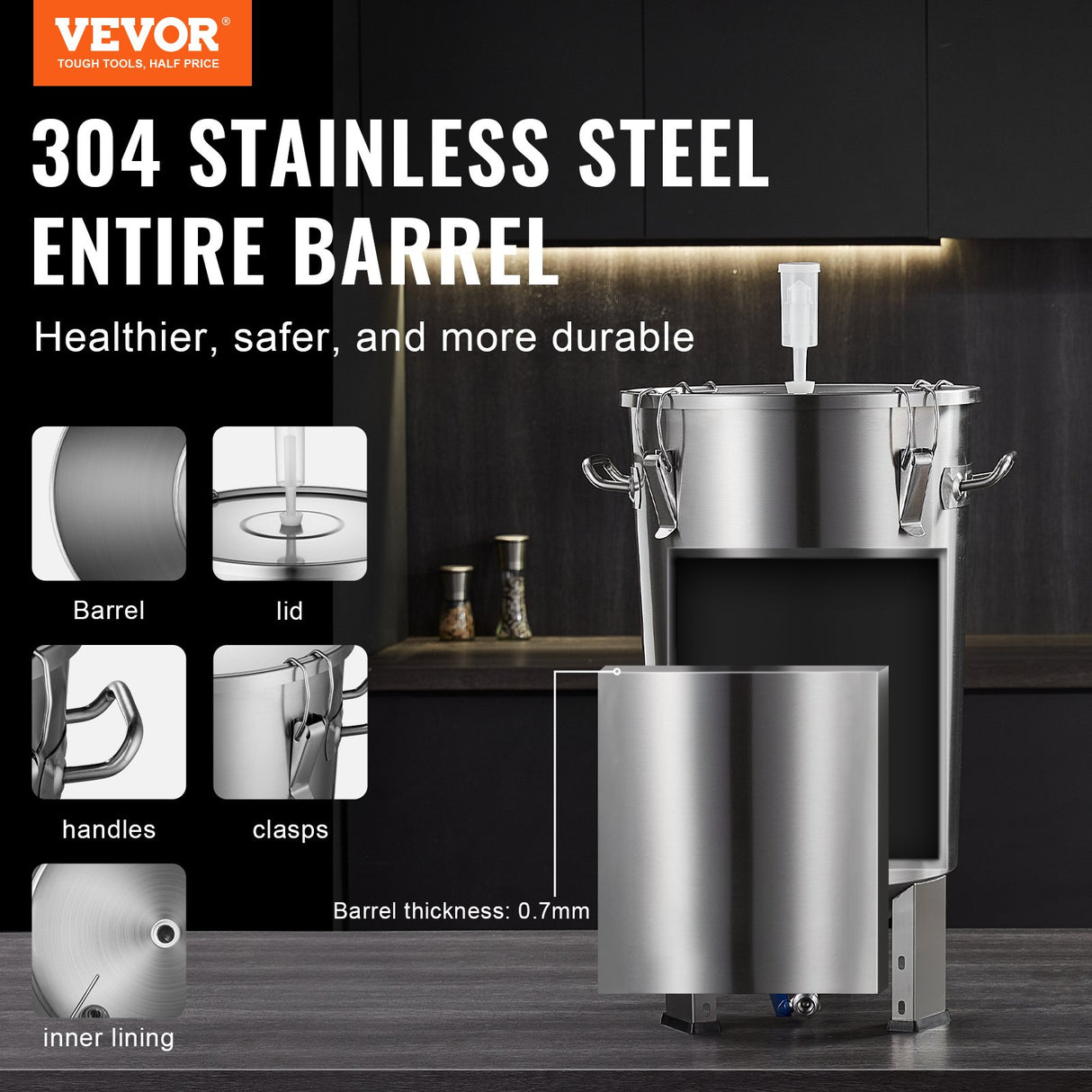 VEVOR 304 Stainless Steel Kettle, 8 GALLON Beer Brew Fermentor, Brew Bucket Fermentor for Brewing, Home Brewing Supplies with Base, Kettle Stock Pot Includes Lid, Handle, Valve, Spigot, Thermometer