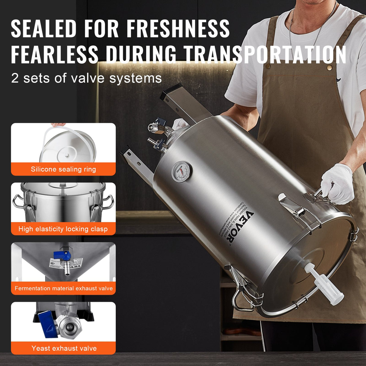 VEVOR 304 Stainless Steel Kettle, 8 GALLON Beer Brew Fermentor, Brew Bucket Fermentor for Brewing, Home Brewing Supplies with Base, Kettle Stock Pot Includes Lid, Handle, Valve, Spigot, Thermometer