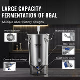 VEVOR 304 Stainless Steel Kettle, 8 GALLON Beer Brew Fermentor, Brew Bucket Fermentor for Brewing, Home Brewing Supplies with Base, Kettle Stock Pot Includes Lid, Handle, Valve, Spigot, Thermometer - Rear View