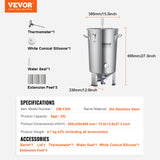 VEVOR 304 Stainless Steel Kettle, 8 GALLON Beer Brew Fermentor, Brew Bucket Fermentor for Brewing, Home Brewing Supplies with Base, Kettle Stock Pot Includes Lid, Handle, Valve, Spigot, Thermometer - Close-Up Angle