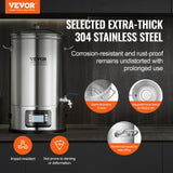 VEVOR Electric Brewing System, 8 GALLON Brewing Stock Pot, All-in-One Home Beer Brewer, 304 Stainless Steel Brewing Supplies with Panel, Includes Glass Lid, Handle, Spigot, Electronic Panel Control - Front View