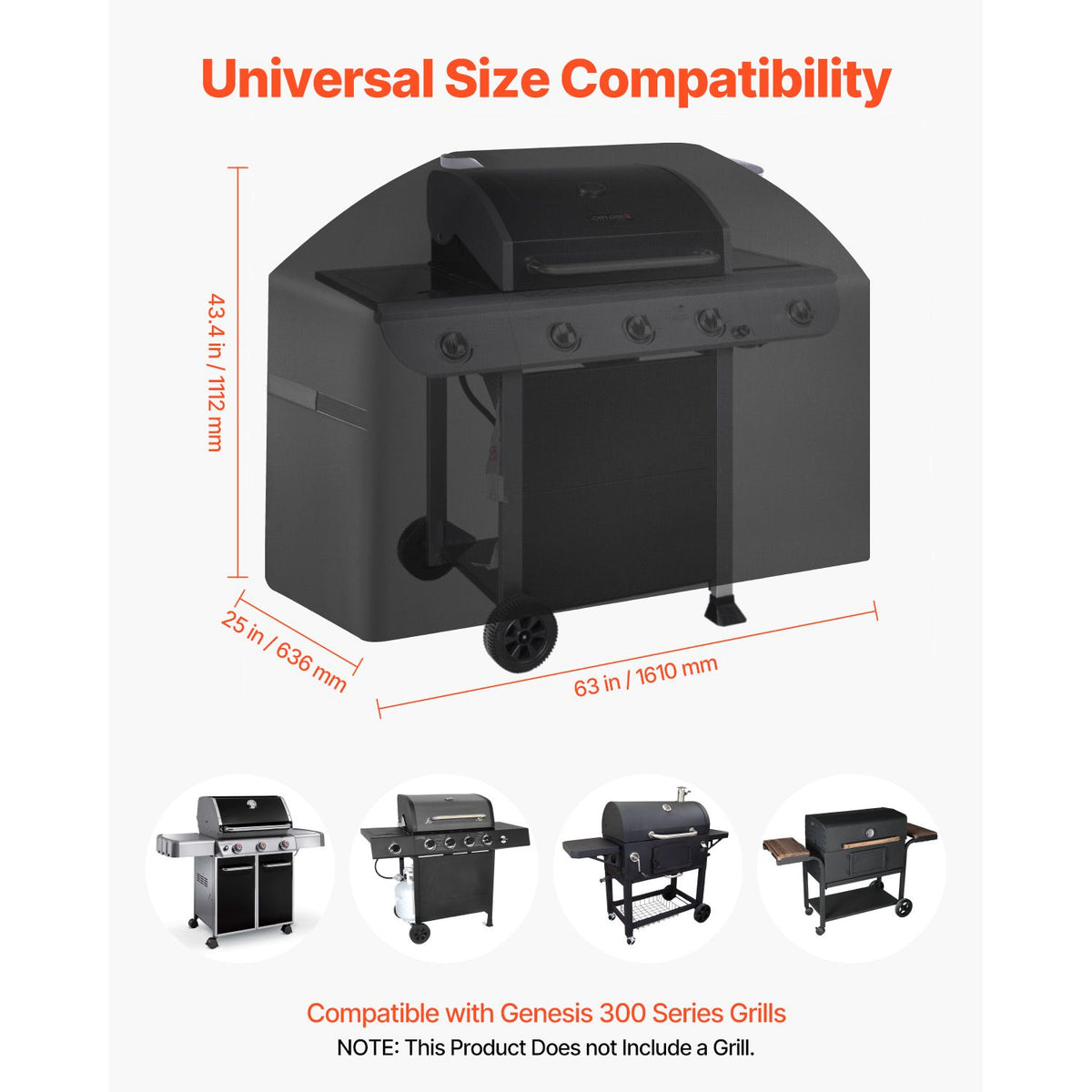 Grill Cover, 63 inch BBQ Covers for Outdoor Grills, Waterproof, Fade Resistant, Weather Resistant Heavy Duty 600D Polyester, Easy On/Off, with Hook-and-Loop Straps, Black