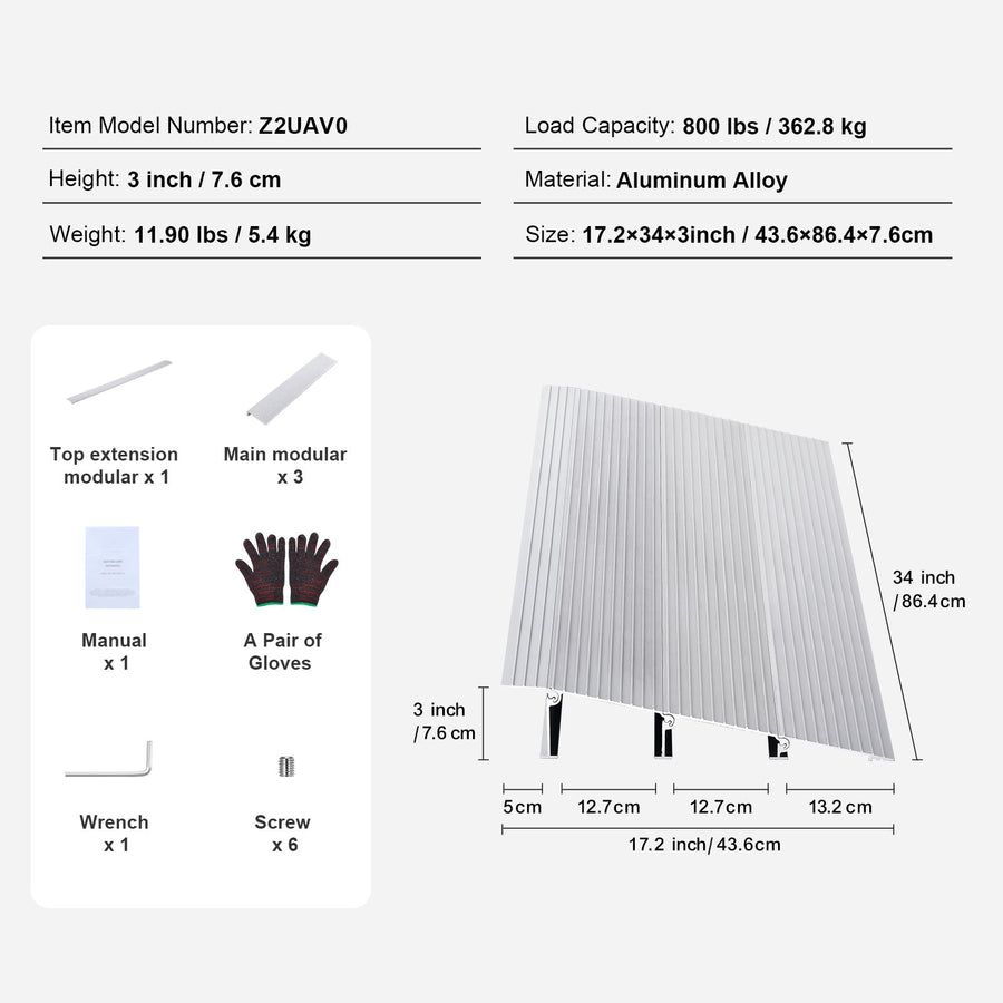 Door Threshold Ramp, 3" Rise, 800 lbs Load Capacity, Door Ramp for Wheelchairs, Aluminum Threshold Ramp for Doorways, Adjustable Modular Threshold Ramp for Wheelchairs, Scooters, Power Chairs
