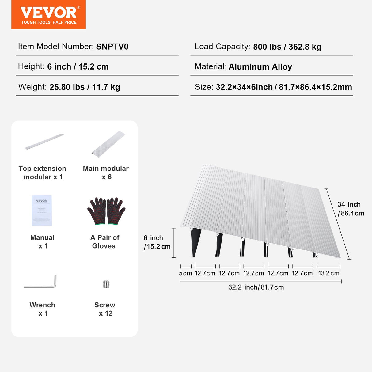 VEVOR Door Threshold Ramp, 6" Rise, 800 lbs Load Capacity, Door Ramp for Wheelchairs, Aluminum Threshold Ramp for Doorways, Adjustable Modular Threshold Ramp for Wheelchairs, Scooters, Power Chairs
