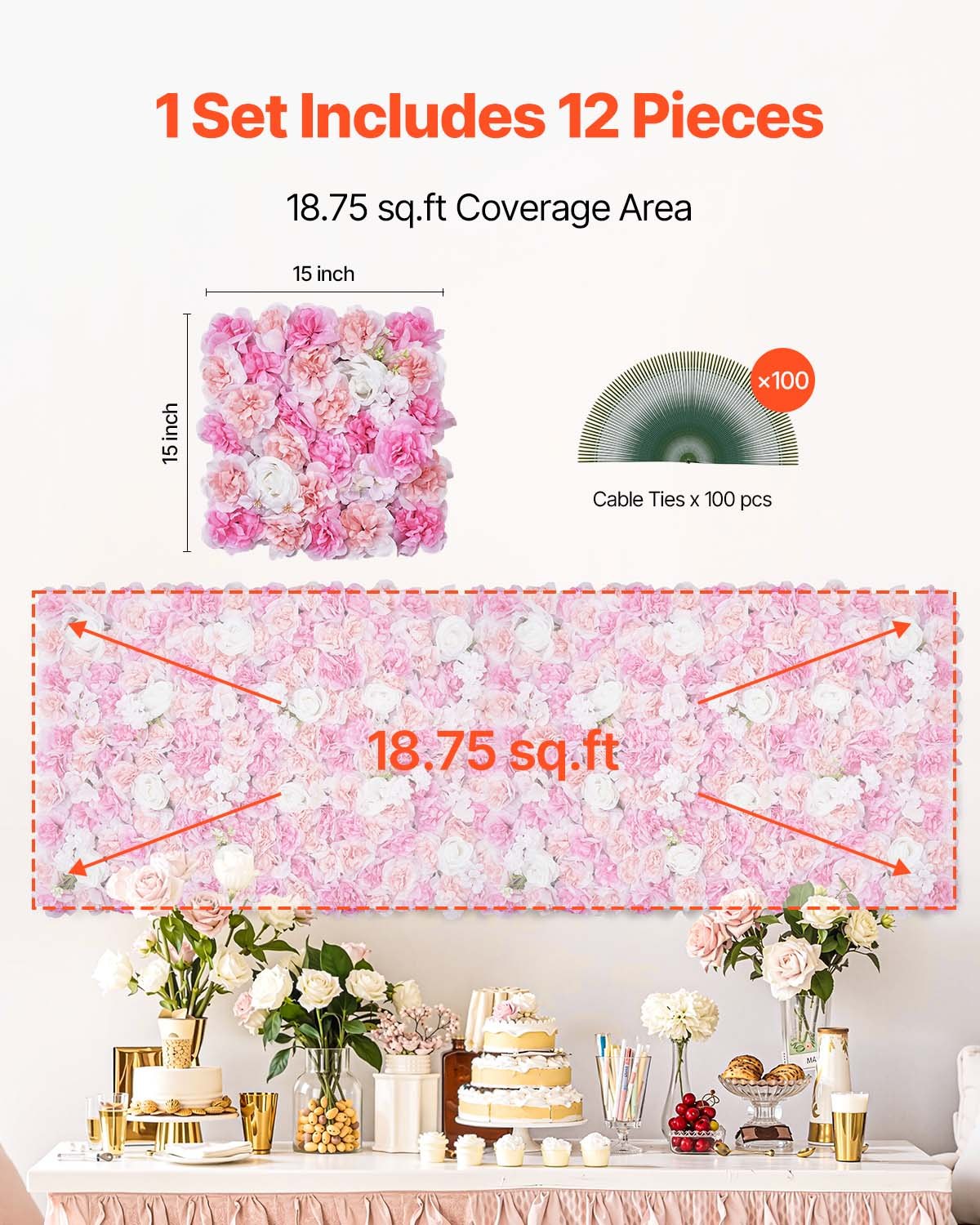 VEVOR 3D Flower Wall Panel, 12 PCS 15 x 15 inch, Artificial Floral Wall Background Mesh Backing Mat,Seamless Design&Easy Installation for Wedding Valentines Day Home Baby Party Backdrop Decor,Pink
