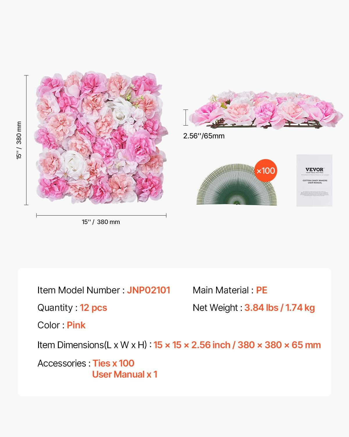 VEVOR 3D Flower Wall Panel, 12 PCS 15 x 15 inch, Artificial Floral Wall Background Mesh Backing Mat,Seamless Design&Easy Installation for Wedding Valentines Day Home Baby Party Backdrop Decor,Pink