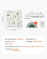 VEVOR 3D Flower Wall Panel, 24 PCS 15 x 15 inch, Artificial Floral Wall Background Mesh Backing Mat,Seamless Design&Easy Installation for Wedding Valentines Day Home Baby Party Backdrop Decor,White - Close-Up Angle